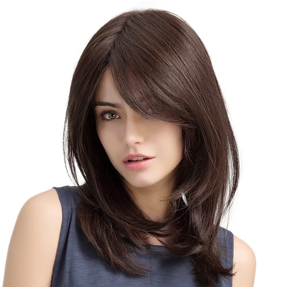 Womens Long Brown Wig Long Layered Natural Curly Wigs for White Women Shoulder Length Synthetic Heat Resistant Wig for Daily Party