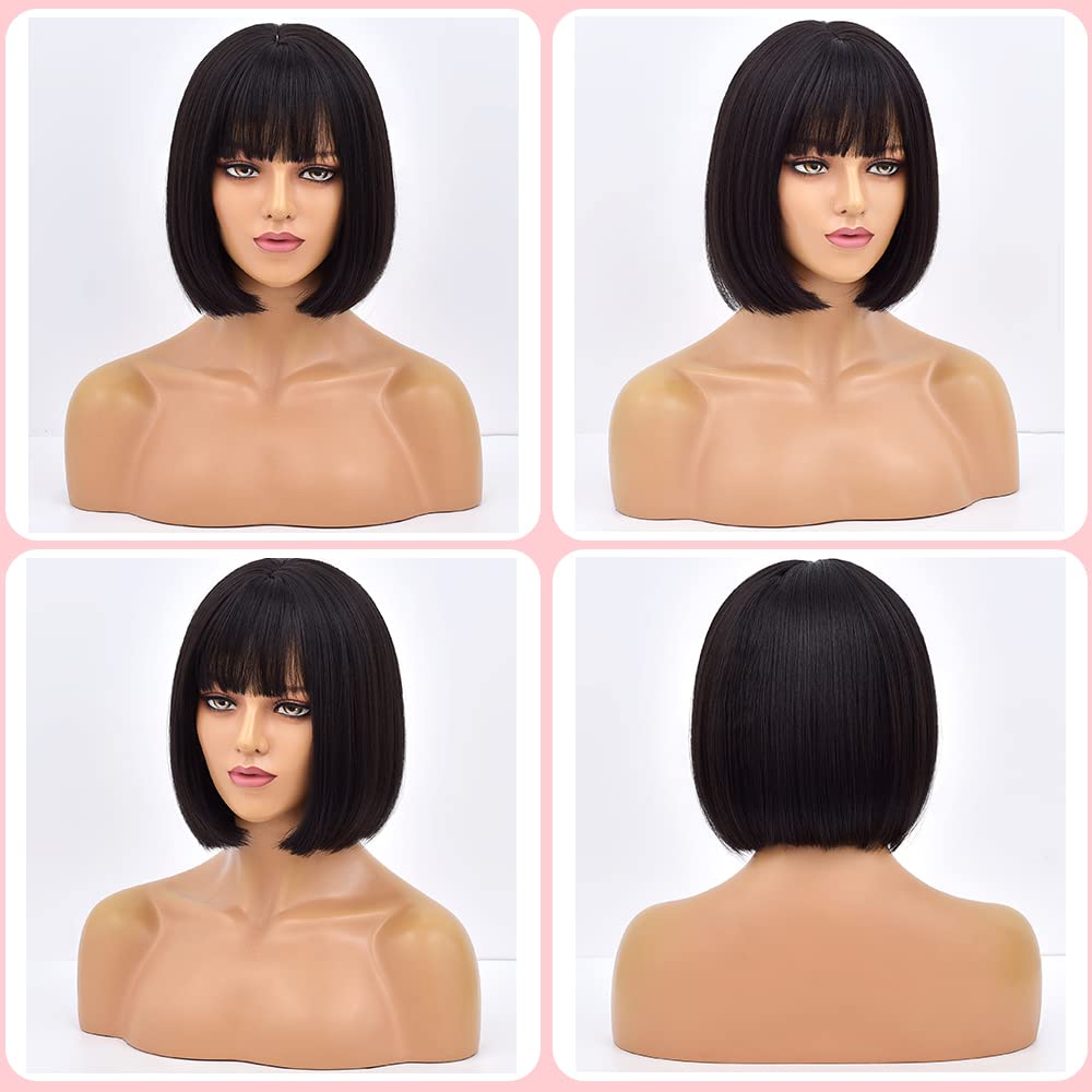 Natural Black Short Bob Hair Wigs for Women With Bangs 12inch Straight Synthetic Cosplay Halloween Party Wig For Girls Daily Use Colorful Hair Wigs