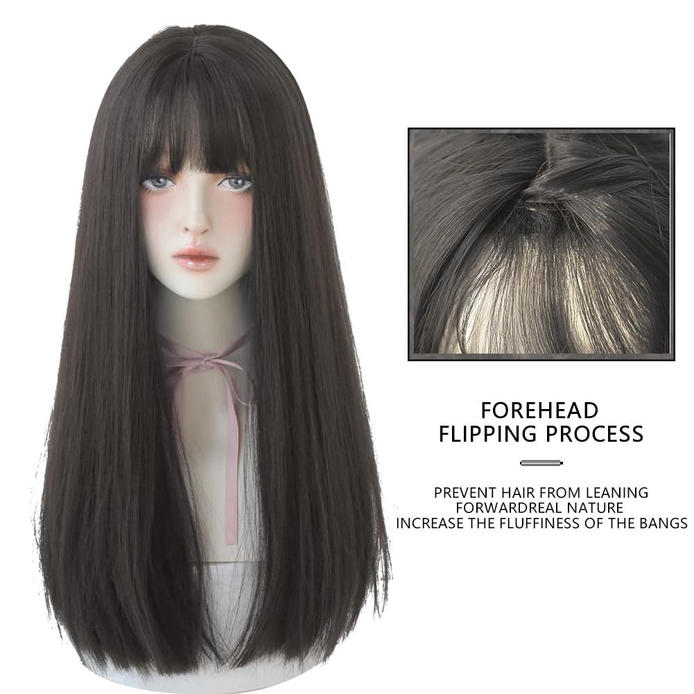 22 Inches long Hair Wig for Women Black Synthetic Hair Natural Long Straight Wig With Bangs Party Cosplay Wig for Girl (Black brown)