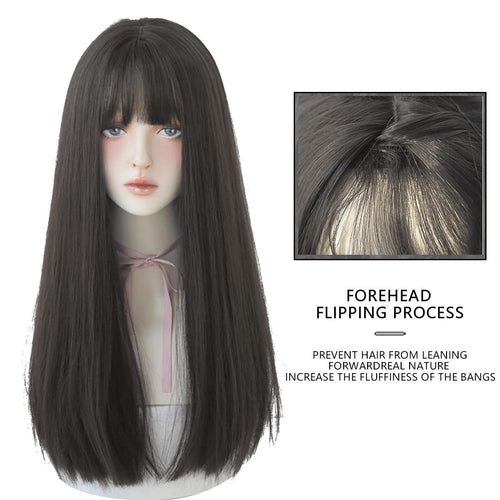 22 Inches long Hair Wig for Women Black Synthetic Hair Natural Long Straight Wig With Bangs Party Cosplay Wig for Girl (Black brown)