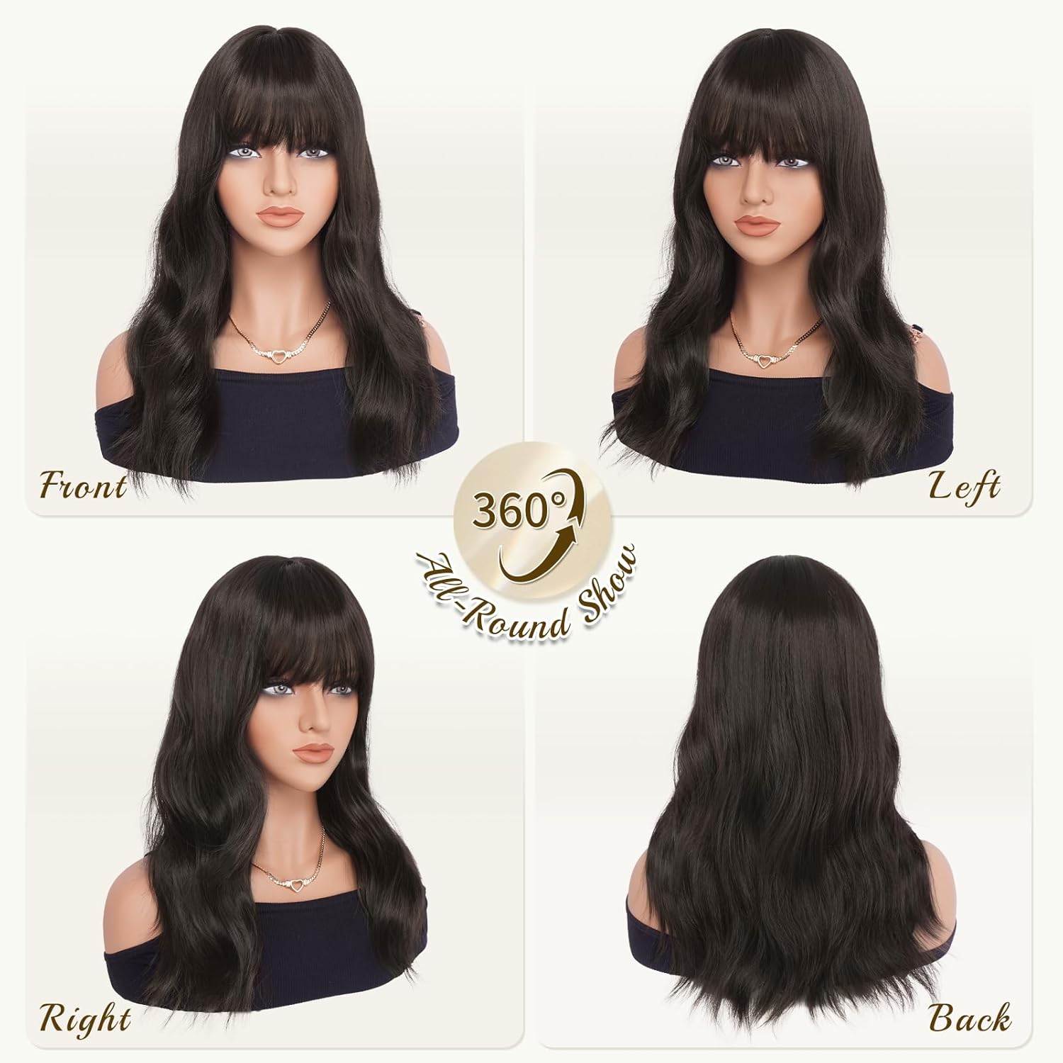 Brown Wigs with Bangs - 19 Inch Natural Wavy Synthetic Heat Resistant Medium Length Hair Wigs for Women Daily Party, Dark Brown