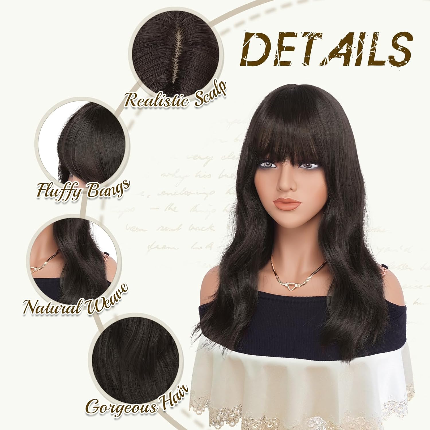 Brown Wigs with Bangs - 19 Inch Natural Wavy Synthetic Heat Resistant Medium Length Hair Wigs for Women Daily Party, Dark Brown