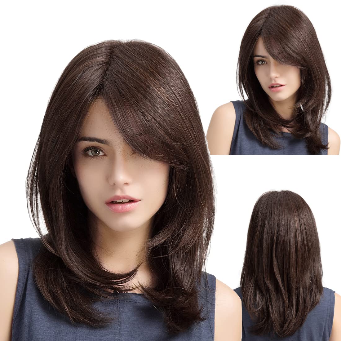 Womens Long Brown Wig Long Layered Natural Curly Wigs for White Women Shoulder Length Synthetic Heat Resistant Wig for Daily Party