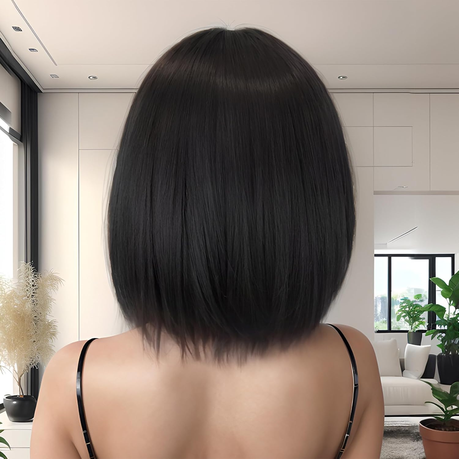 Natural Black Short Bob Hair Wigs for Women With Bangs 12inch Straight Synthetic Cosplay Halloween Party Wig For Girls Daily Use Colorful Hair Wigs