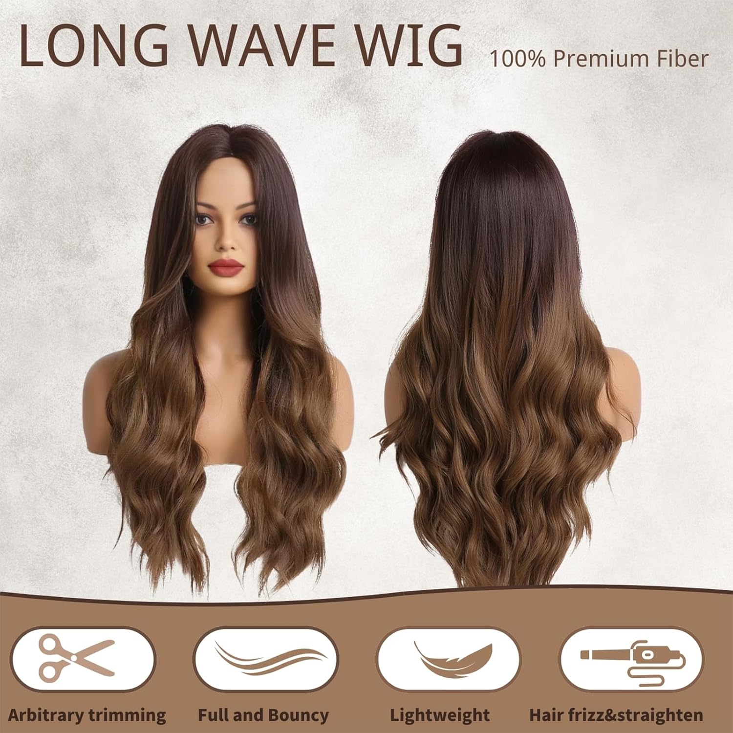 Long Ombre Brown Wavy Wig for Women 26 Inch Middle Part Curly Women's Charming Synthetic Wig with Natural Wavy Brown Heat Resistant Hair for Wedding Daily Party Use