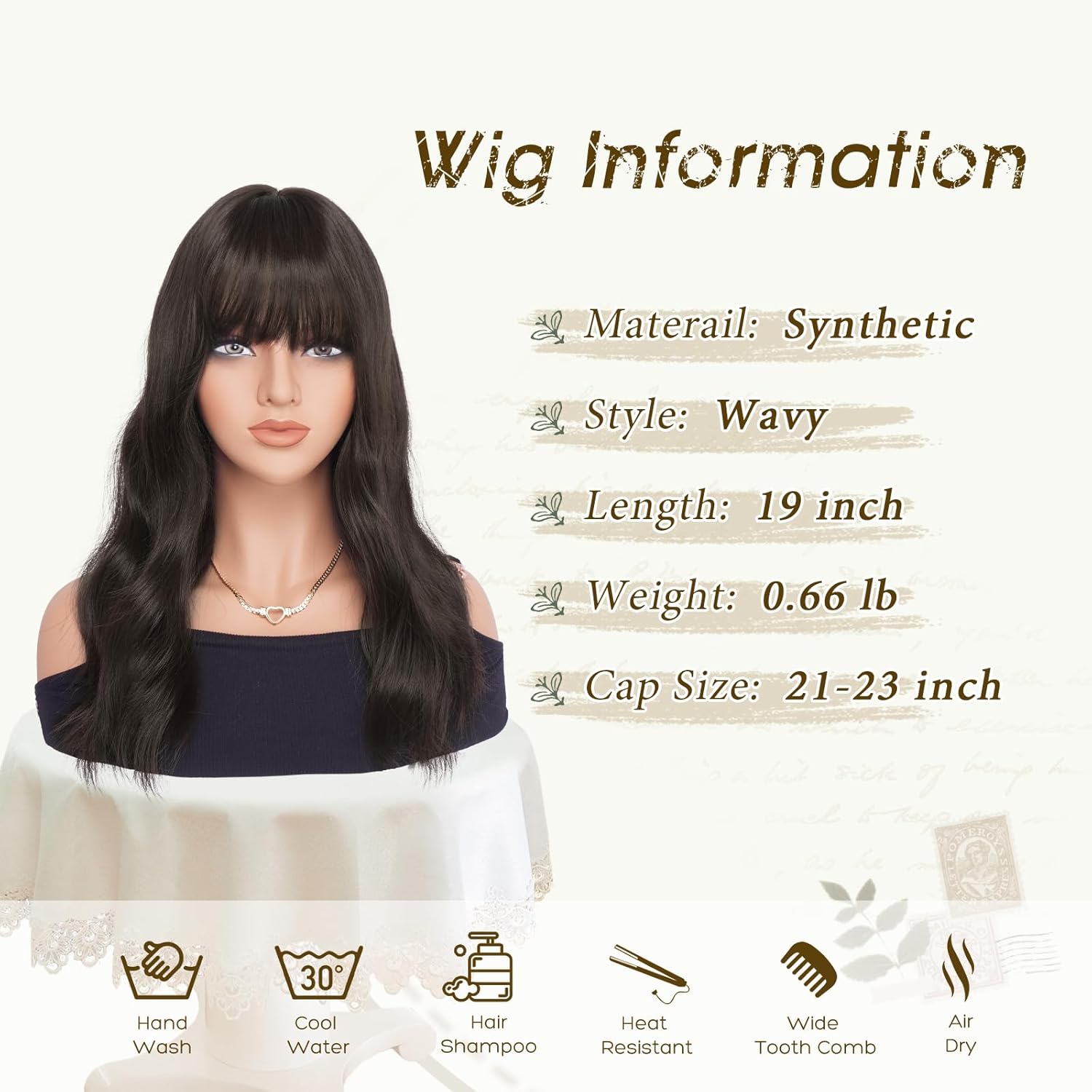 Brown Wigs with Bangs - 19 Inch Natural Wavy Synthetic Heat Resistant Medium Length Hair Wigs for Women Daily Party, Dark Brown
