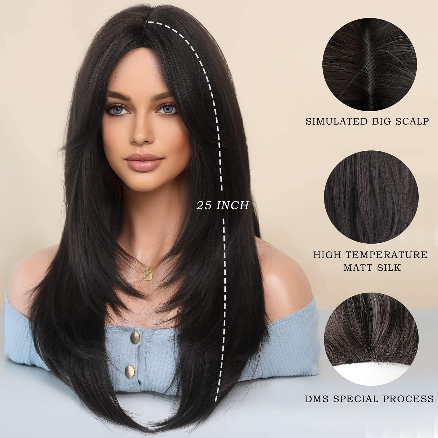 WIGS Long Natural Black Wig with Bangs Straight Wigs for Women,Heat Resistant Layered Synthetic Wigs for Daily Use