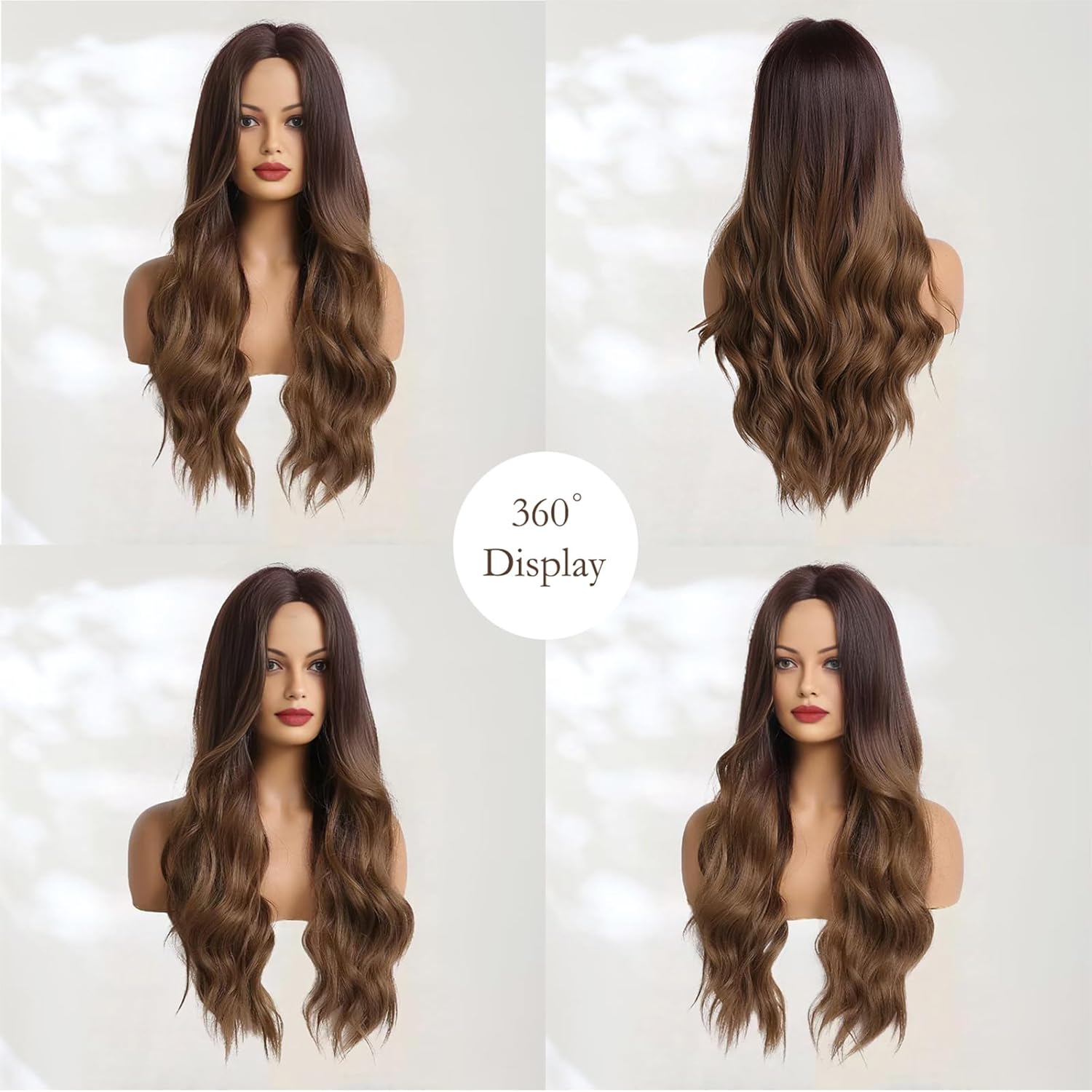 Long Ombre Brown Wavy Wig for Women 26 Inch Middle Part Curly Women's Charming Synthetic Wig with Natural Wavy Brown Heat Resistant Hair for Wedding Daily Party Use