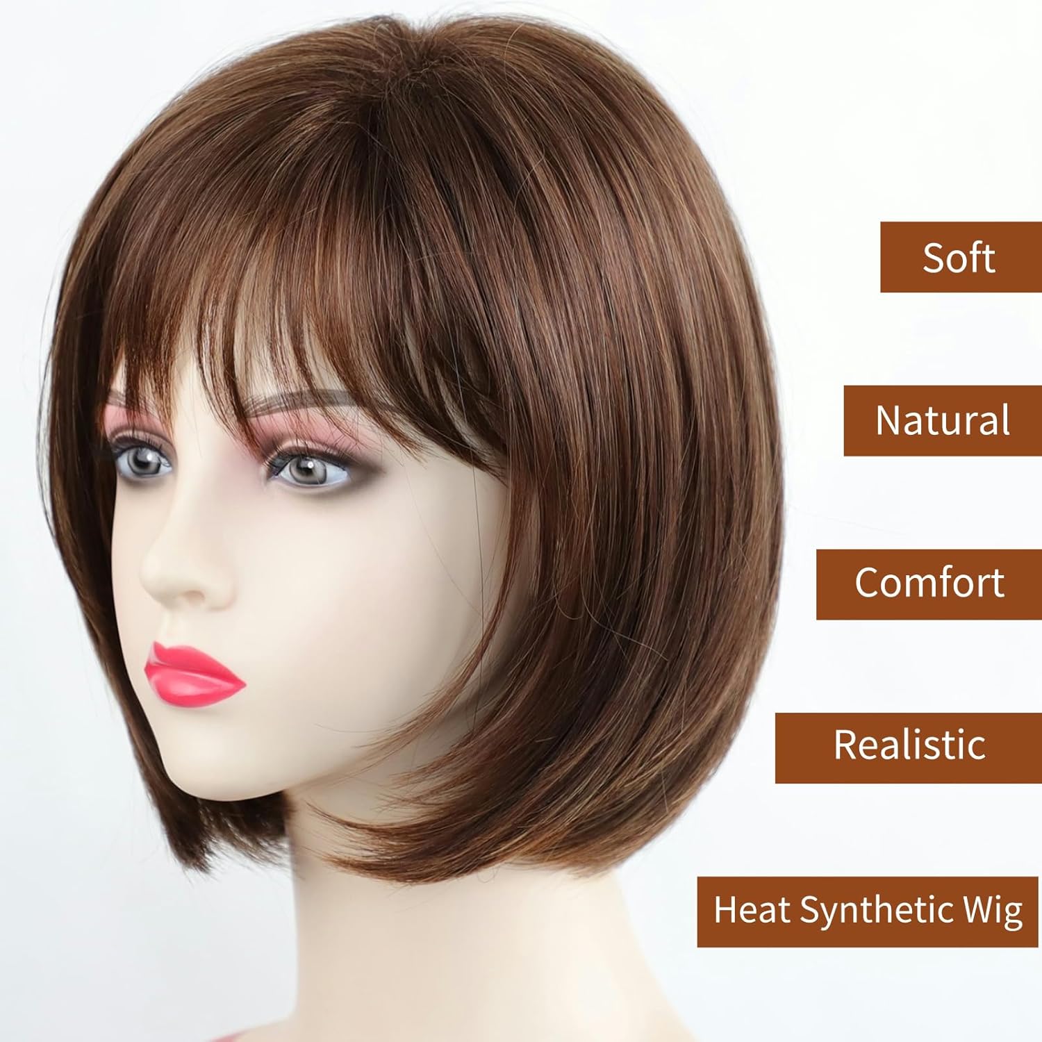 Short Brown Bob Wigs for Women Brown Mixed Blonde Synthetic Wig with Bangs 10inch Average Size Natural Looking Daily Party Wig