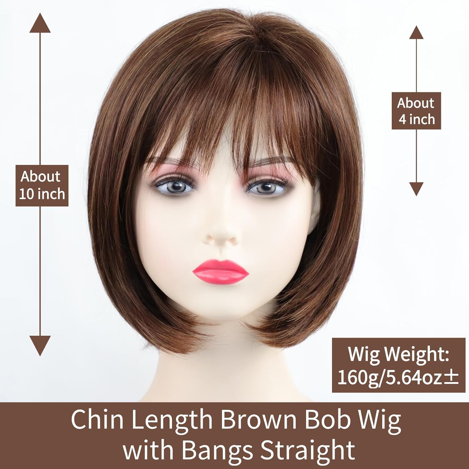Short Brown Bob Wigs for Women Brown Mixed Blonde Synthetic Wig with Bangs 10inch Average Size Natural Looking Daily Party Wig