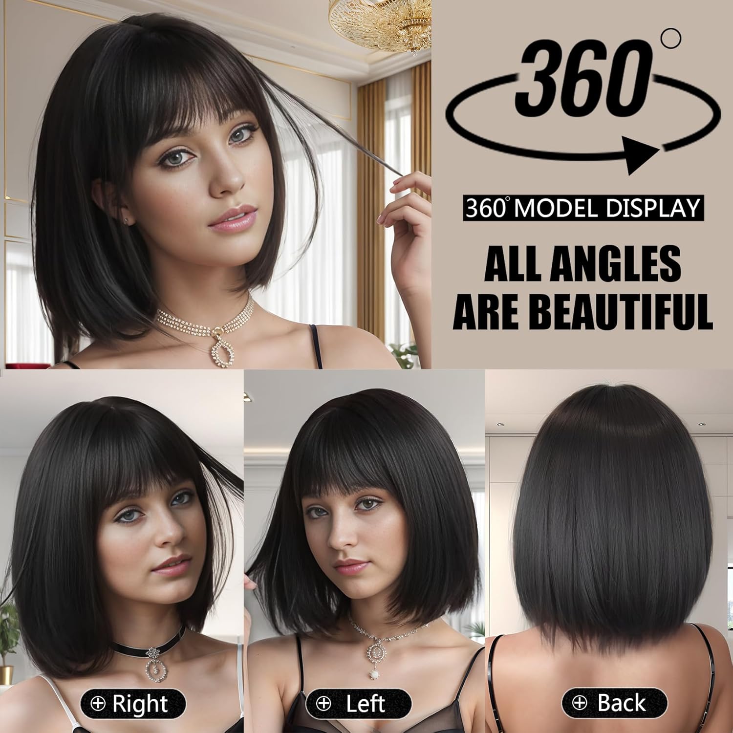 Natural Black Short Bob Hair Wigs for Women With Bangs 12inch Straight Synthetic Cosplay Halloween Party Wig For Girls Daily Use Colorful Hair Wigs